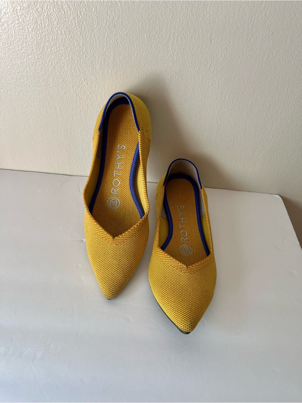 Rothy's Pointed Slip-On Flats in Yellow with Blue Trim